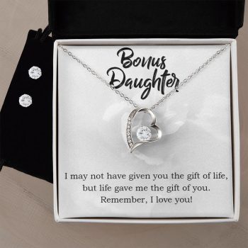 To My Bonus Daughter Gift Forever Love Heart Pendant Necklace and Earring Set