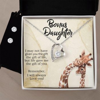 To My Bonus Daughter Forever Love Heart Pendant Necklace and Earring Set